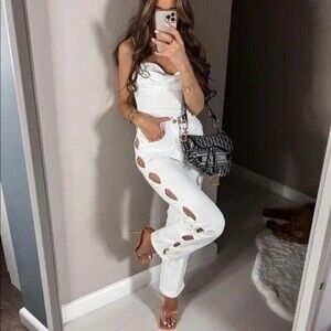 Zara bloggers favorite white high rise jeans with side leg cutout size 2